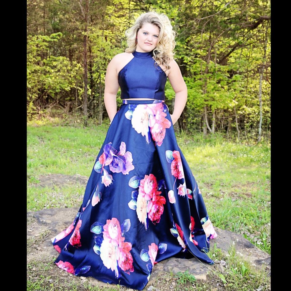 Jovani Navy Floral Two-Piece Prom Gown